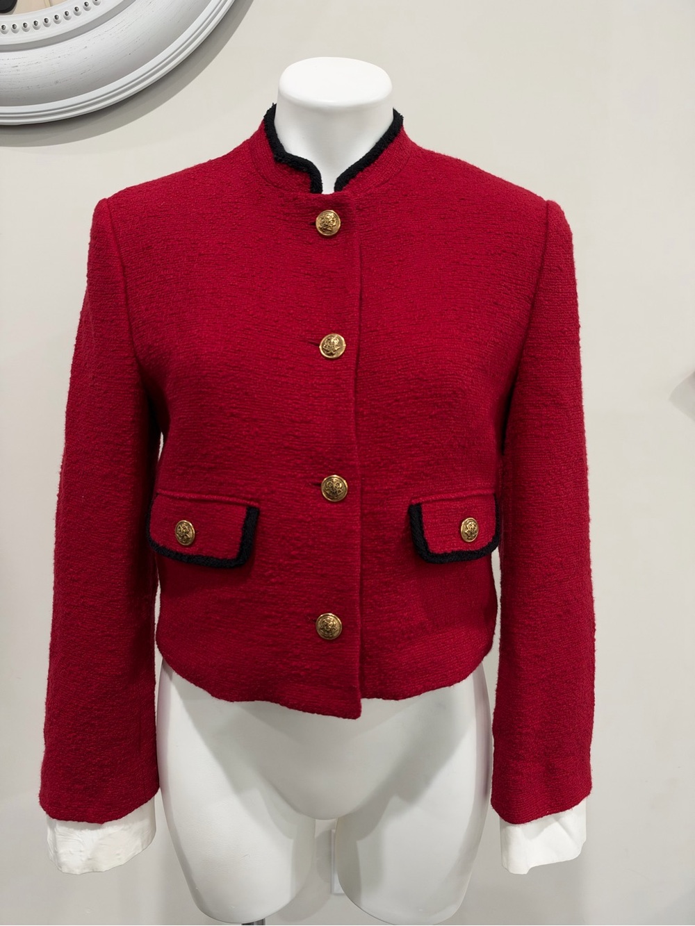 Zara Red Bouclé Cropped Tweed Jacket with Black Trim and Gold Buttons Medium